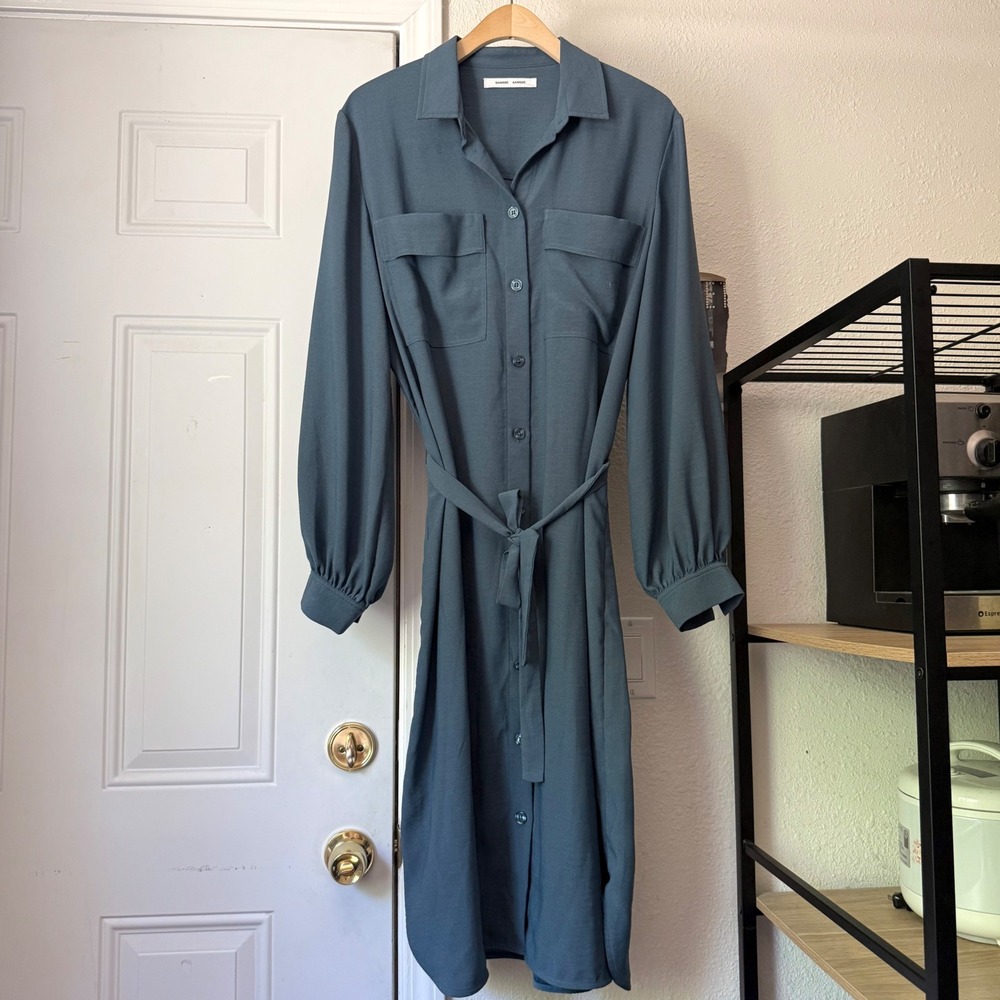 SAMSOE SAMSOE dusty denim blue belted button up long sleeve midi shirt dress‎